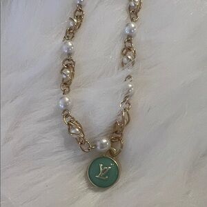 Vintage faux pearl bracelet with upcycled LV charm